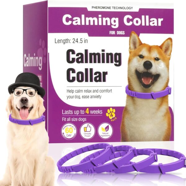 Calming Collar for Dogs 4-Packs, Pheromone Collar for Dog, Relief Anxiety Stress Separation Lasts 60 Days, 25 Inches Size Flexible Adjustable, for All Small, Medium, and Large Dogs Purple