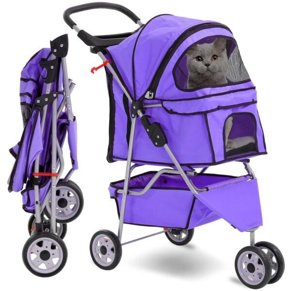 HCY Folding Dog Stroller, 3 Wheels Cat Strollers Pet Gear for Small Medium Cats Dogs Puppy with Storage Basket, Cup Holder,Lightweight-Purple, 35.04inchx17.32inchx38.58inch