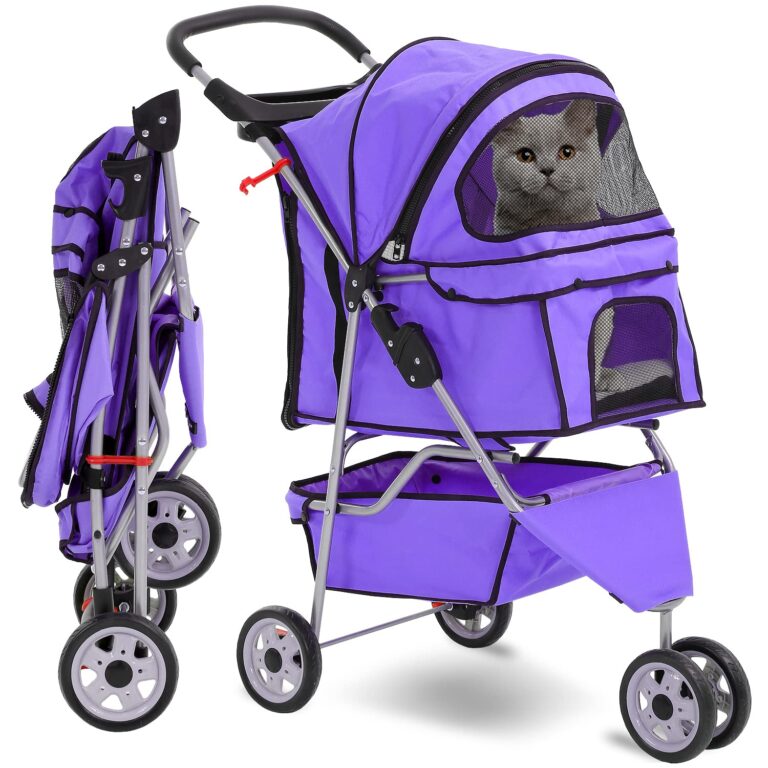 HCY Folding Dog Stroller, 3 Wheels Cat Strollers Pet Gear for Small Medium Cats Dogs Puppy with Storage Basket, Cup Holder,Lightweight-Purple, 35.04inchx17.32inchx38.58inch