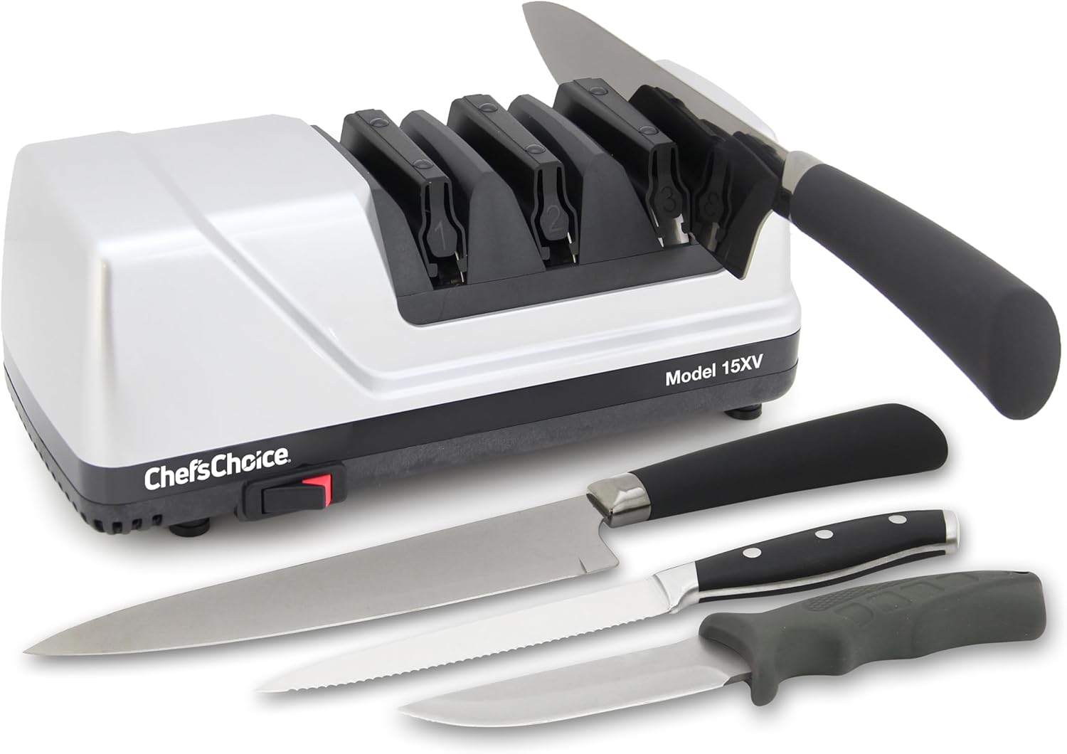 ChefsChoice 15XV EdgeSelect Professional Electric Knife Sharpener with 100-Percent Diamond Abrasives and Precision Angle Guides for Straight Edge and Serrated Knives, 3-Stage, Gray ChefsChoice 15XV EdgeSelect Professional Electric Knife Sharpener with 100-Percent Diamond Abrasives and Precision Angle Guides for Straight Edge and Serrated Knives, 3-Stage, Gray