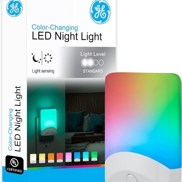 GE Color Changing LED Night Light for Kids, Dusk to Dawn Sensor, Home Decor Apartment Essentials, Wall Lights for Bedroom, Ambient Lighting, Nightlights Plug in, 1 Pack, 34693
