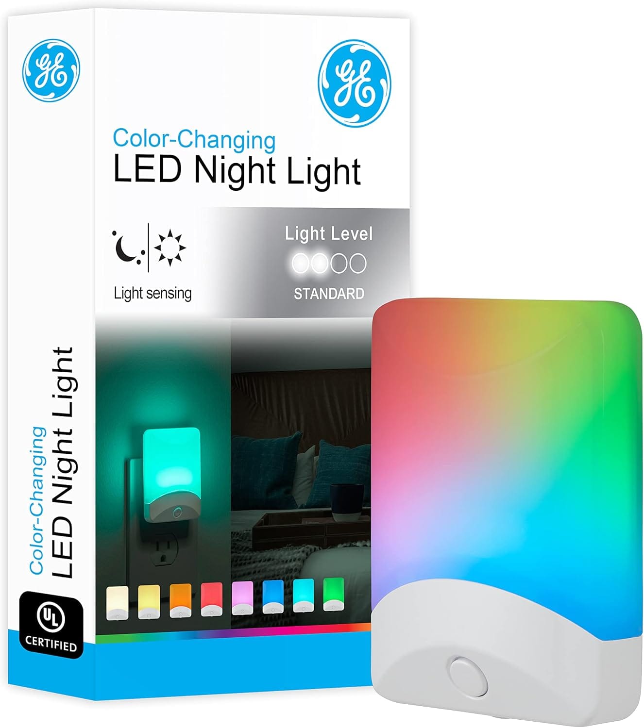 GE Color Changing LED Night Light for Kids, Dusk to Dawn Sensor, Home Decor Apartment Essentials, Wall Lights for Bedroom, Ambient Lighting, Nightlights Plug in, 1 Pack, 34693 GE Color Changing LED Night Light for Kids, Dusk to Dawn Sensor, Home Decor Apartment Essentials, Wall Lights for Bedroom, Ambient Lighting, Nightlights Plug in, 1 Pack, 34693
