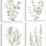 FRAMED Botanical Plant Canvas Wall Art,Boho Plant Wall Decor for Bedroom,Minimalist Floral Prints for Living Room,Light Green Botanical Art Painting for Office,Set of 4,8x 10