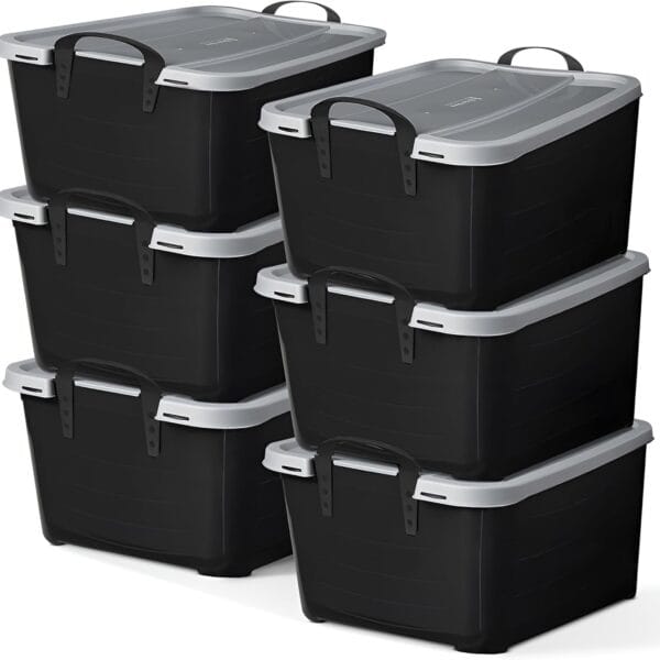 Life Story 6 Pack Heavy Duty Stackable Storage Bin, 55 Quart Home Organizer, Versatile Lightweight Locking Bins with Carrying Handles, Black/Gray