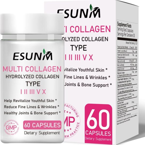 Multi Collagen Capsules for Women & Men - Type I, II, III, V, X - Hydrolyzed Collagen Supplements with Biotin, Vitamin C for Hair, Skin, Nail & Joint Support, 60 Capsules,30 Servings