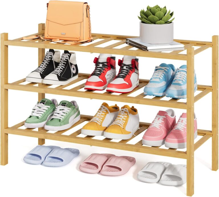 Kitsure Bamboo Wooden Shoe Rack for Closet - Stackable Shoe Organizer with Modular Structure, Space-Saving Shoe Shelf for Entryway, Living Room, Bedroom, 26.8" x 11" x 18.9", Natural