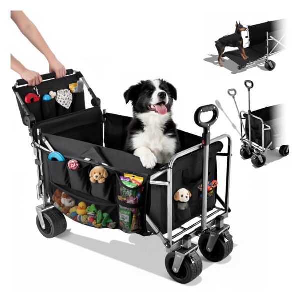 Dog Wagon for Large Dogs Up to 400 lbs, Foldable Dog Stroller for Medium to Large Dogs with Tailgate, Pet Carts with Wheels for Walking, Beach, Garden, Camping, Sport, Black L