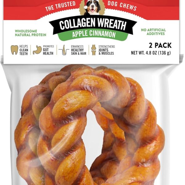TRURANCH Apple Cinnamon Collagen Wreath Treat, 1 Bag, 2 Count, Limited Edition Holiday Stocking Stuffer, All-Natural Hydrolyzed Collagen, Rawhide Free, 50% Protein, Healthy Limited Ingredient Chew