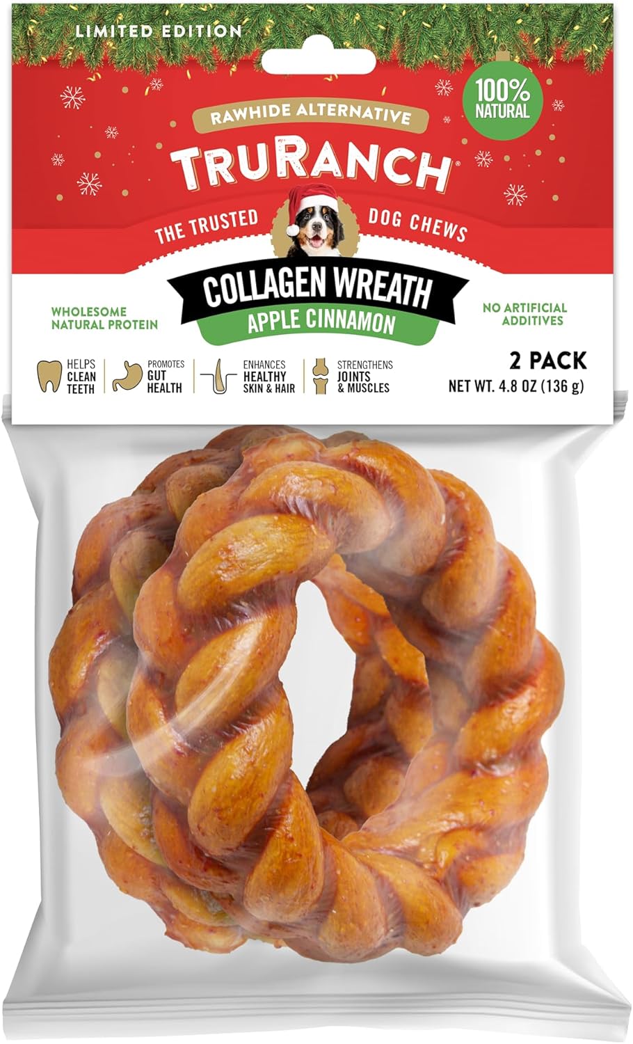 TRURANCH Apple Cinnamon Collagen Wreath Treat, 1 Bag, 2 Count, Limited Edition Holiday Stocking Stuffer, All-Natural Hydrolyzed Collagen, Rawhide Free, 50% Protein, Healthy Limited Ingredient Chew TRURANCH Apple Cinnamon Collagen Wreath Treat, 1 Bag, 2 Count, Limited Edition Holiday Stocking Stuffer, All-Natural Hydrolyzed Collagen, Rawhide Free, 50% Protein, Healthy Limited Ingredient Chew