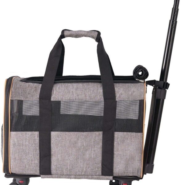 Cat with Wheels, Airline Approved Rolling Pet Carrier with Telescopic Handle & Shoulder Strap, Dog Carrier for Pets Under 22 lbs, Folding Bowl Included, Grey
