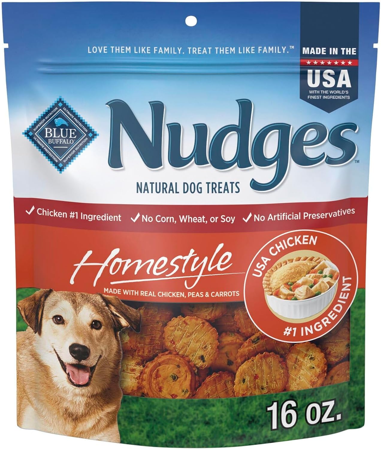 Blue Buffalo Nudges Homestyle Natural Dog Treats, Made in the USA with Real Chicken, Peas, and Carrots, 16-oz. Bag Blue Buffalo Nudges Homestyle Natural Dog Treats, Made in the USA with Real Chicken, Peas, and Carrots, 16-oz. Bag