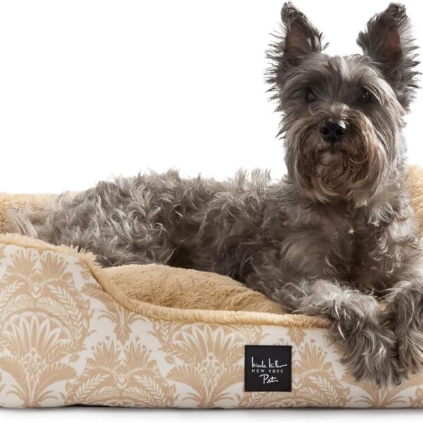 Nicole Miller New York PET Mod Damask Plushy Bolster Pet Bed, Cozy & Calming, Non-Slip Bottom, Machine Washable Cover, Taupe, Extra Small 19"x15"x6"