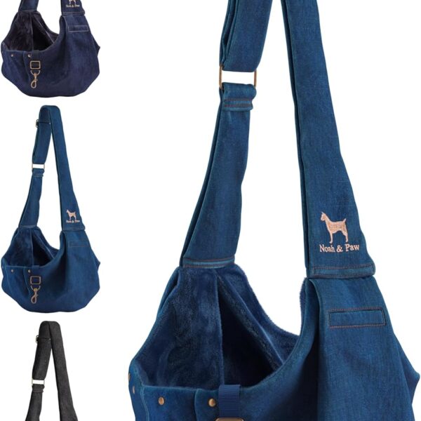 Noah & Paw Dog Sling Carrier for Small Dogs 3-10lb, Dog Sling for Small Dogs and Cats, Dog Carrier with Adjustable Padded Strap, Premium Denim, Lined with Fur, Double Safety Feature, Machine Washable