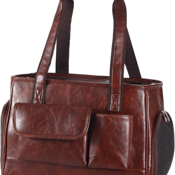 Dog Carrier Purse, Fashion Leather Pet Carrier Bag, Airline Approved Soft Sided Cat Travel Tote Bag with Pockets Coffee