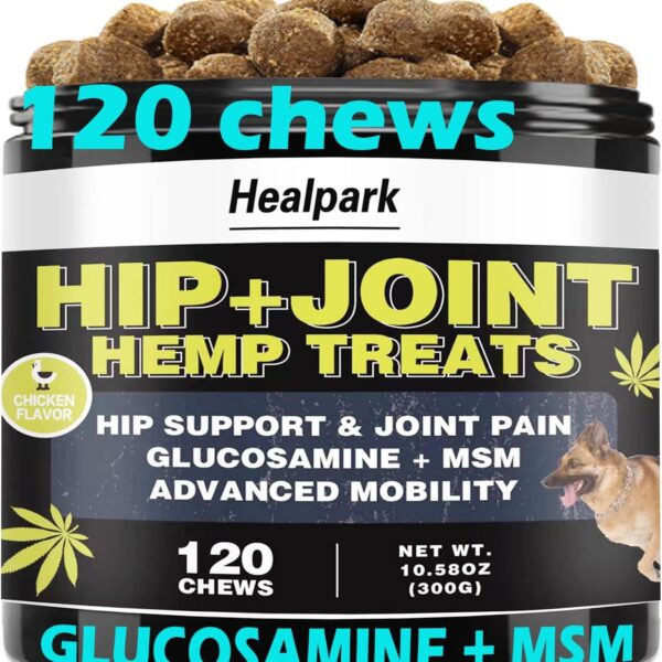 Hemp Hip and Joint Supplement for Dogs - Glucosamine for Dogs - Chondroitin, Hemp Oil, MSM & Turmeric - Support Joint Mobility, Joint Pain Relief, Hip Dysplasia, Arthritis Health Care - 120 Chews