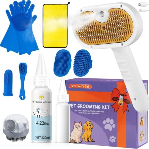 Pet Steam Brush Set for Dogs & Cats, Includes 3-in-1 Self Cleaning Spray Comb, Waterless Shampoo, Defur Tool, Bath Gloves, Bath Brush, Tooth & Ear Brush, Towel (11PCS)