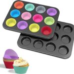 WIBIMEN Muffin Pan with 24 Silicone Cupcake Baking Cups - Non-stick Regular Size Cupcake Pan - Reusable Muffin Tin Baking Pans Set for Making Muffin Cakes, Tart, Bread(2PCS: 12-Cup Regular)