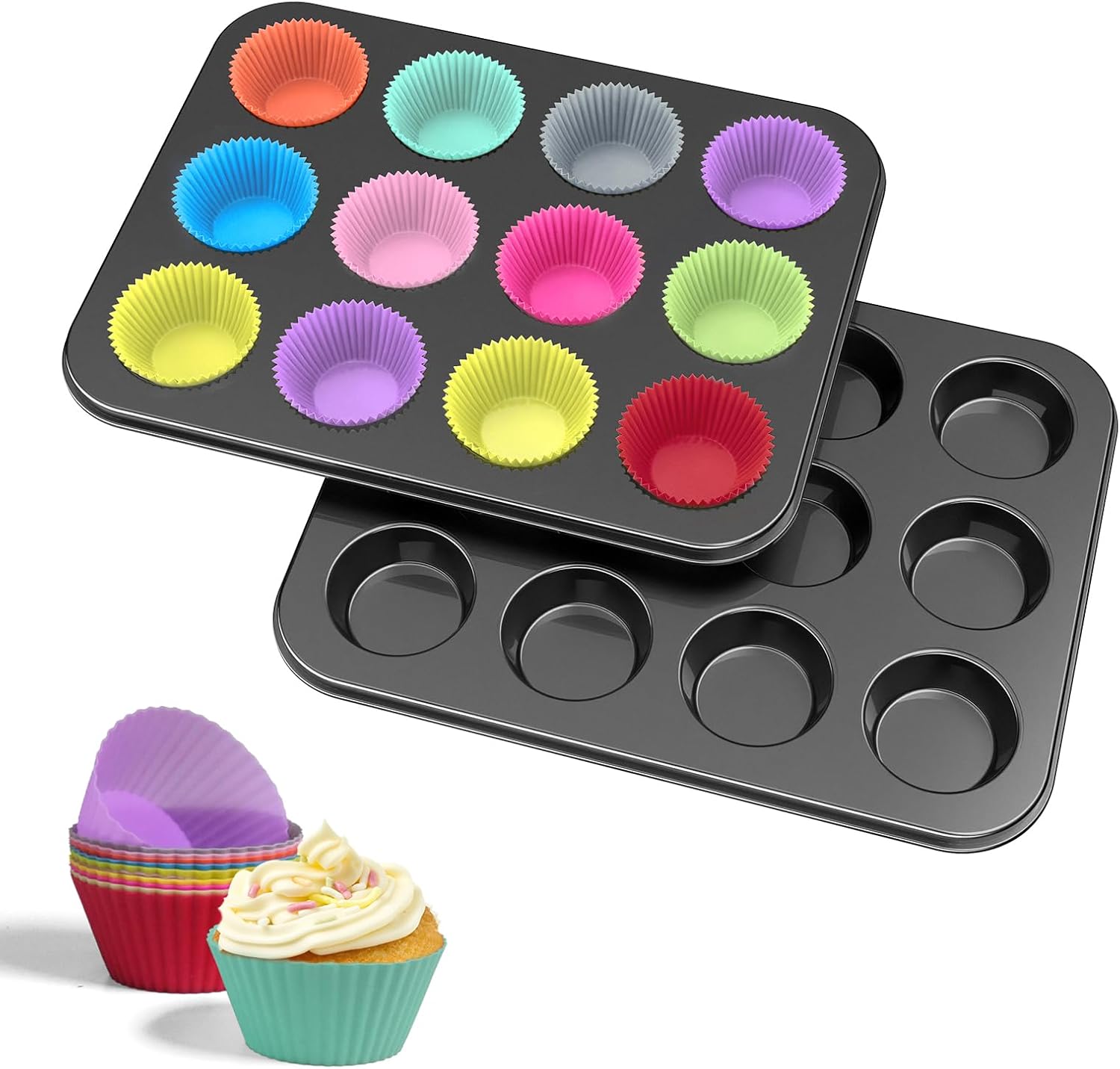 WIBIMEN Muffin Pan with 24 Silicone Cupcake Baking Cups - Non-stick Regular Size Cupcake Pan - Reusable Muffin Tin Baking Pans Set for Making Muffin Cakes, Tart, Bread(2PCS: 12-Cup Regular) WIBIMEN Muffin Pan with 24 Silicone Cupcake Baking Cups - Non-stick Regular Size Cupcake Pan - Reusable Muffin Tin Baking Pans Set for Making Muffin Cakes, Tart, Bread(2PCS: 12-Cup Regular)