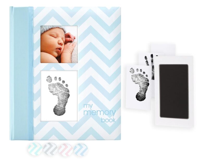 Pearhead Baby Memory Book  First 5 Years Baby Milestone & Pregnancy Journal with Clean-Touch Ink Pad for Handprint or Footprint, Gender-Neutral Newborn Keepsake, Blue Chevron