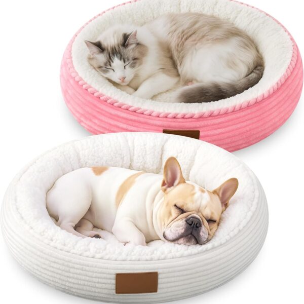 2 Pack Cat Beds for Indoor Cats 20 Inches Washable Round Donut Pet Bed Cushion Self Warming for Cats, Small Dogs, Puppy, and Kitten(Pink, White)