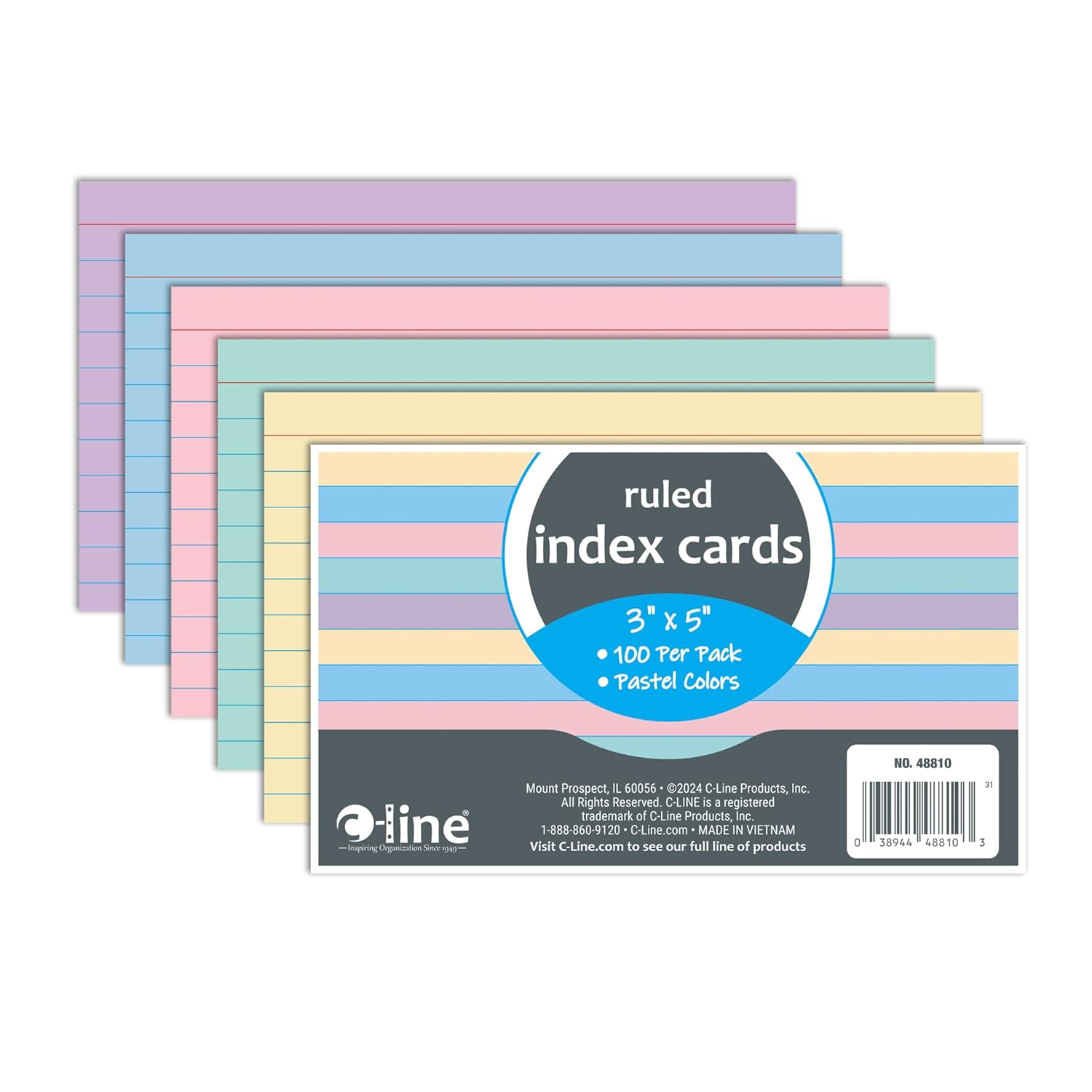 C-Line 3 x 5 Index Cards, Assorted Colors, Ruled, 100/PK (48810) C-Line 3 x 5 Index Cards, Assorted Colors, Ruled, 100/PK (48810)