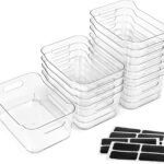 12 PACK Multi-Use Clear Plastic Storage Bins for Organizing w/ Labels - Home, Kitchen, Bathroom, Office, Pantry Cabinet Shelf Organizer Bins - SOHO Collection, RV, Fridge Organization Containers