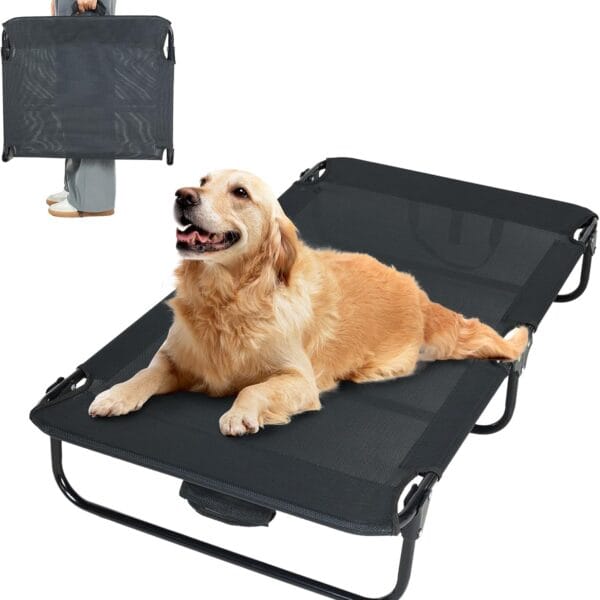 Elevated Dog Bed for Large Pet with No-Slip Feet, Foldable Portable Washable Raised Bed for Indoor&Outdoor Camping Dog Cot, with Cooling Waterproof Breathable Mesh (Large, Black-Textilene)