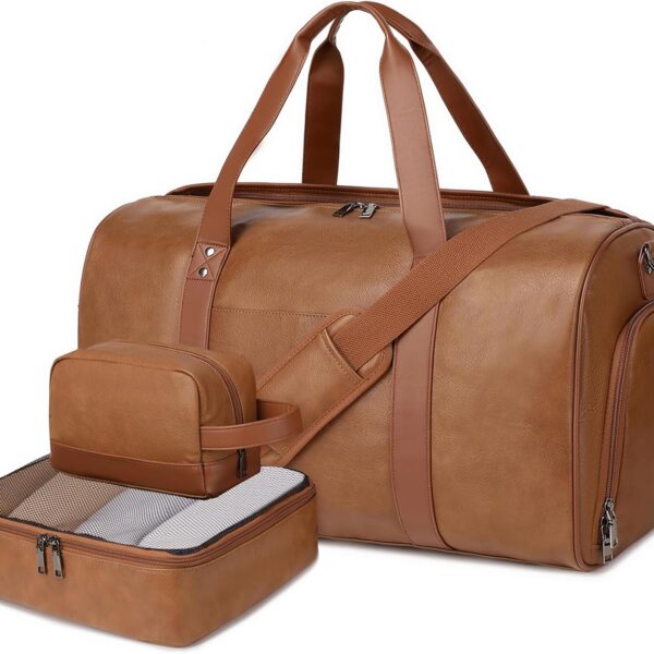Wogarl 3PCS Faux Leather Weekender Bag for Women Men Large Overnight Bags Travel Duffel with Shoe Compartment Toiletry Packing Cube Carry On Tote Fit 21" Laptop(Light Brown)