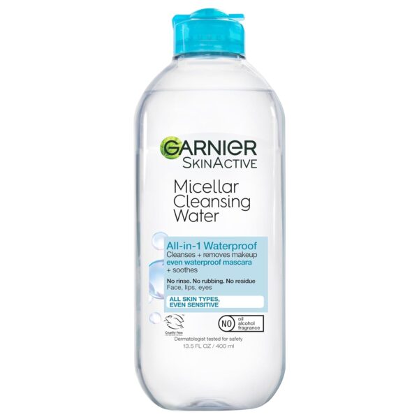 Garnier Micellar Water For Waterproof Makeup, Hydrating Facial Cleanser & Makeup Remover, Suitable for Sensitive Skin, Vegan, Cruelty Free, 13.5 Fl Oz (400mL), 1 Count