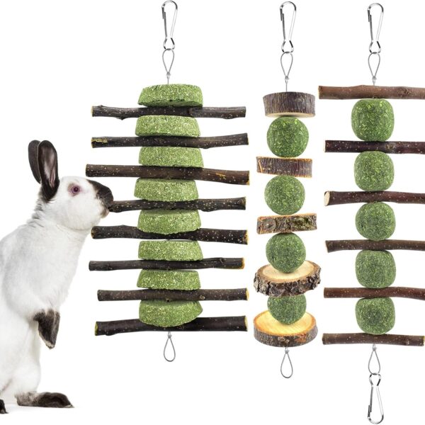 ERKOON Bunny Chew Toys, Rabbit Chew Toys for Teeth Grinding, Improve Dental Health, 100% Natural Apple Wood Timothy Grass Cake Treats for Rabbits Guinea Pigs Chinchillas Bunnies Hamsters (3 Pcs)
