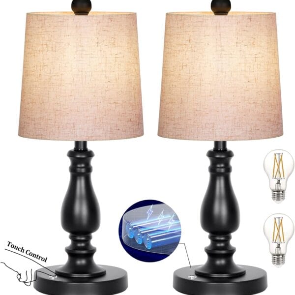 Dott Arts Cordless lamp Table Lamps Set of 2, Battery Powered Rechargeable lamp 3-Way Dimmable Modern Nightstand Lamp Sets Bedside Touch Desk Lamp for Bedroom Living Room, LED Bulbs Included(Black)