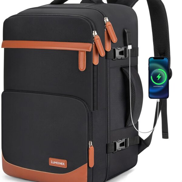 40L Travel Backpack with USB Charging Port, Water-Resistant Carry On Backpack for Men Women, Business Laptop Backpack for Trips & Commutes, Fits 15.6/17.3 Inch Laptop