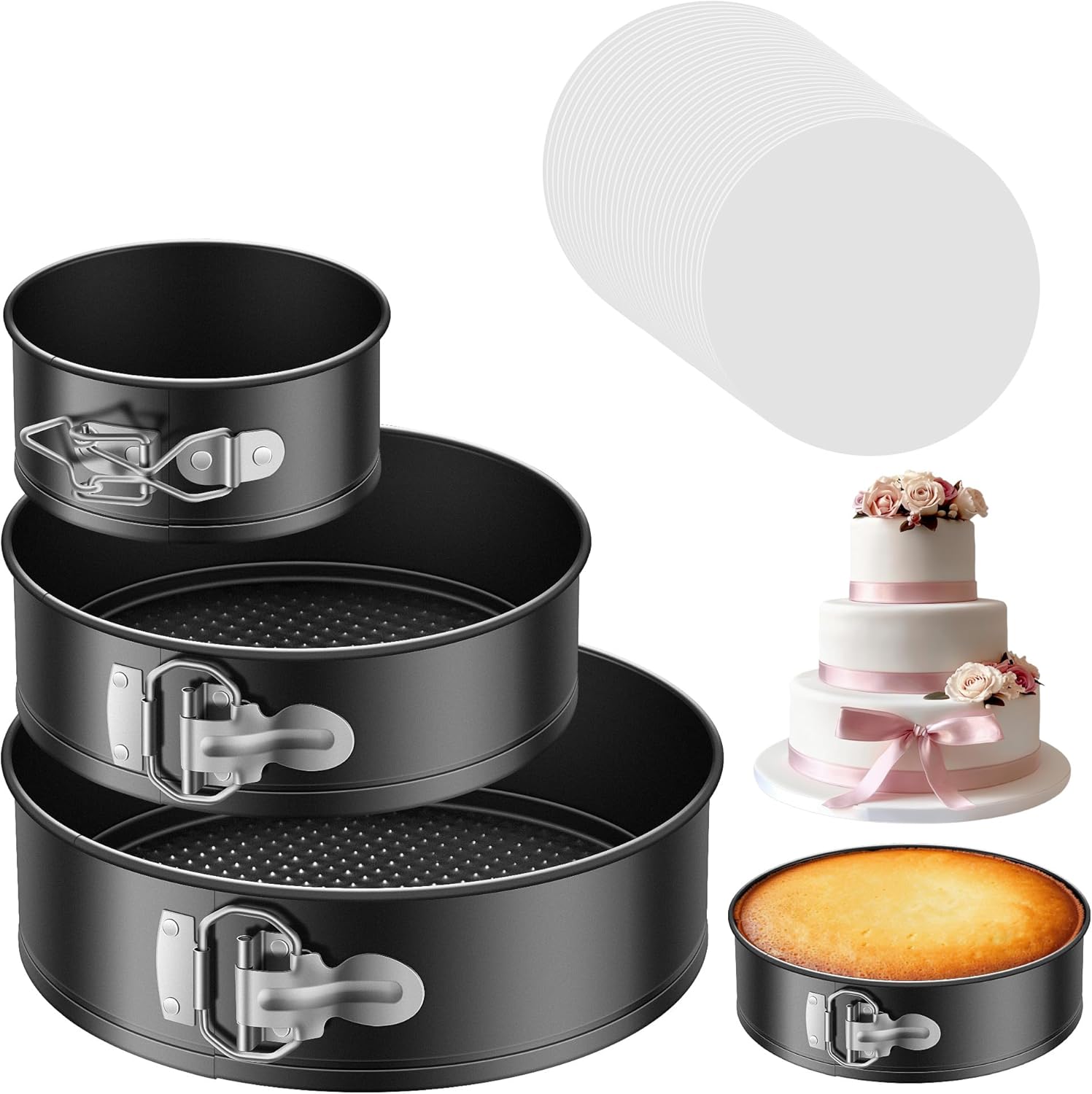 Kootek Cake Pan Set of 3, Nonstick Springform Pans with Removable Bottom, 4, 7, 9 Inch Round Cheesecake Baking Pans with 50 Pcs Parchment Paper Liners Kootek Cake Pan Set of 3, Nonstick Springform Pans with Removable Bottom, 4, 7, 9 Inch Round Cheesecake Baking Pans with 50 Pcs Parchment Paper Liners