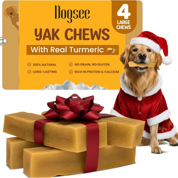 Dogsee Yak Cheese Himalayan Dog Chews with Turmeric 1lb (Large - 4 Bars) | 100% All Natural | Treats for Large Breed | Dog Chews Long Lasting for Joint Inflammation | High Protein | Dental Sticks