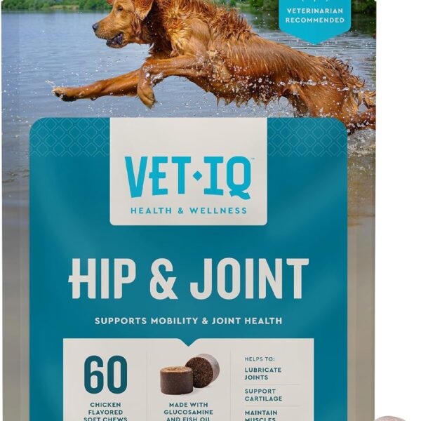 VetIQ Glucosamine Hip & Joint Supplement for Dogs, 60 Soft Chews, Joint Support Supplement with MSM and Krill, Dog Health Supplies Large & Small Breed, Chicken Flavored Chewables