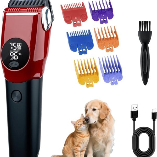 Mcbazel Dog Clippers Grooming Kit, Low Noise Rechargeable Cordless Adjustable Pet Hair Shaver Trimmers Set for Dogs, Cats and Other Pets - Red