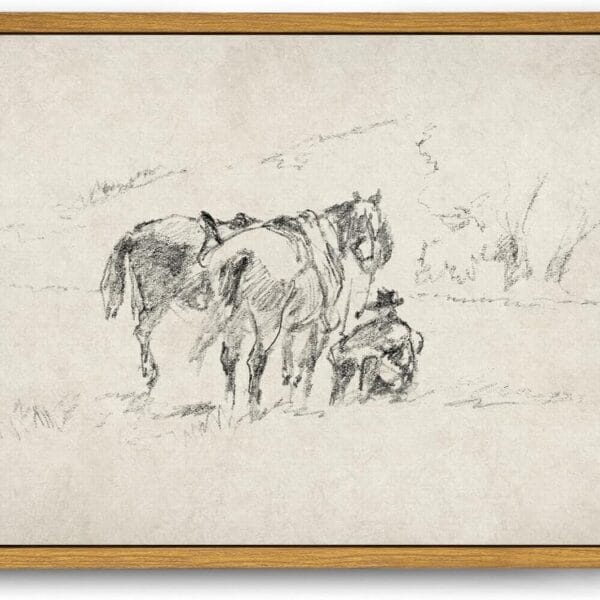 Roslynity Framed Canvas Wall Art Vintage Print Paintings Western Cowboy Horses Sketch Minimalist Neutral Retro Aesthetic Artwork for Home Living Room Bedroom Bathroom Wall Decor (8"x10")