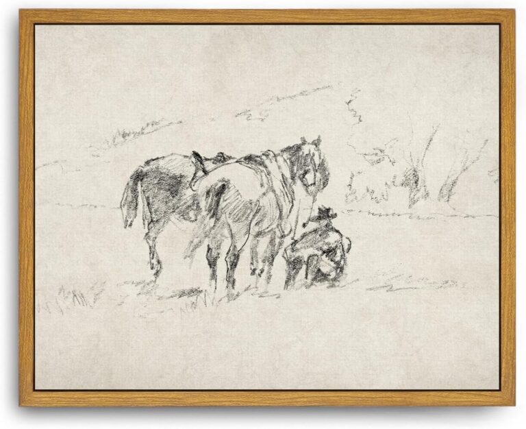 Roslynity Framed Canvas Wall Art Vintage Print Paintings Western Cowboy Horses Sketch Minimalist Neutral Retro Aesthetic Artwork for Home Living Room Bedroom Bathroom Wall Decor (8"x10")