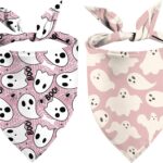 Pink Halloween Dog Bandana - Ghosts Boo Puppy Scarf Dog Outfits - 2 Pcs Adjustable Triangle Reversible Pet Bandanas for Small Medium Large Dogs
