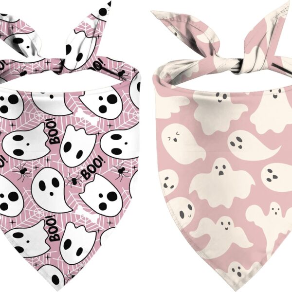Pink Halloween Dog Bandana - Ghosts Boo Puppy Scarf Dog Outfits - 2 Pcs Adjustable Triangle Reversible Pet Bandanas for Small Medium Large Dogs