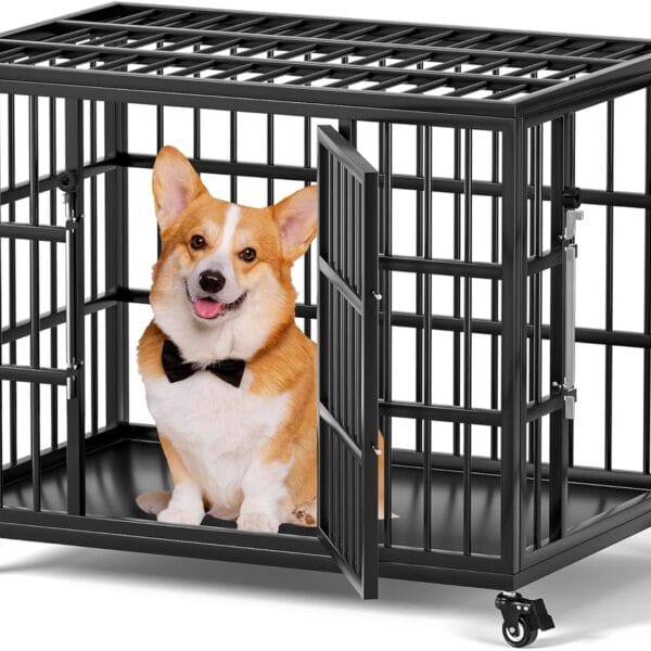 VERIFURTY 30 Inch Heavy Duty Dog Crate for Medium and Small Dogs with Self-Locking Latch, Escape-Proof Steel Kennel Indoor, Double Door Metal Pet Cage with Wheels and Removable Floor