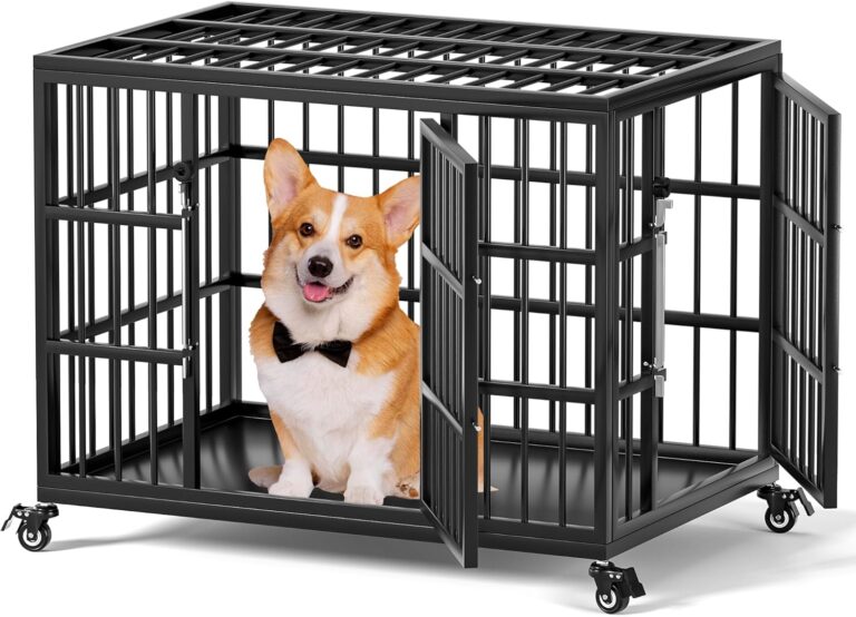 VERIFURTY 30 Inch Heavy Duty Dog Crate for Medium and Small Dogs with Self-Locking Latch, Escape-Proof Steel Kennel Indoor, Double Door Metal Pet Cage with Wheels and Removable Floor