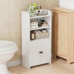 Homhedy Small Bathroom Storage Cabinet, Freestanding Toilet Paper Storage with 2 Doors and Shelves, Bathroom Organizers and Storage for Small Spaces, Laundry Room, 7.9" D x 14.6" W x 31" H, White