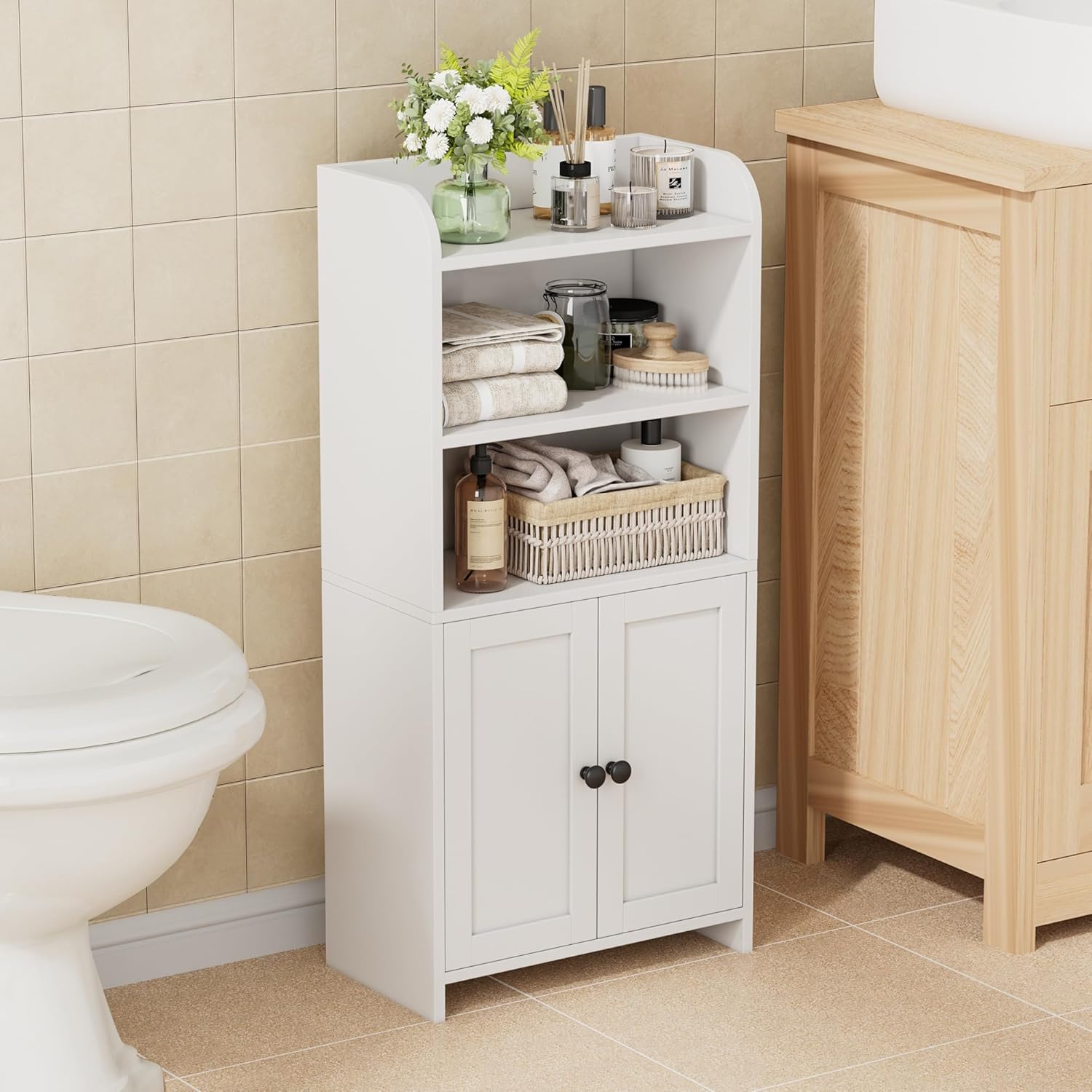 Homhedy Small Bathroom Storage Cabinet, Freestanding Toilet Paper Storage with 2 Doors and Shelves, Bathroom Organizers and Storage for Small Spaces, Laundry Room, 7.9" D x 14.6" W x 31" H, White Homhedy Small Bathroom Storage Cabinet, Freestanding Toilet Paper Storage with 2 Doors and Shelves, Bathroom Organizers and Storage for Small Spaces, Laundry Room, 7.9" D x 14.6" W x 31" H, White