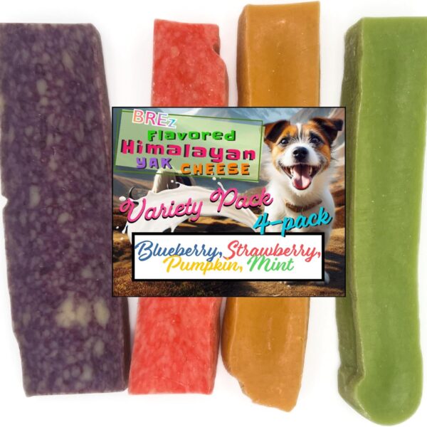 Flavored Himalayan Yak Cheese Chew  Made with Natural Fruit Puree, Protein-Rich Dog Treats  No Added Sugar or Preservatives Included Flavors Blueberry, Strawberry, Pumpkin, Mint