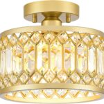 Crystal Ceiling Light Fixture, Modern Semi Flush Mount Ceiling Light, Gold Lighting Fixtures Ceiling Lamp for Hallway, Kitchen, Entryway, Bedroom, Laundry Room, 9.05 Inch