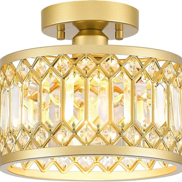 Crystal Ceiling Light Fixture, Modern Semi Flush Mount Ceiling Light, Gold Lighting Fixtures Ceiling Lamp for Hallway, Kitchen, Entryway, Bedroom, Laundry Room, 9.05 Inch