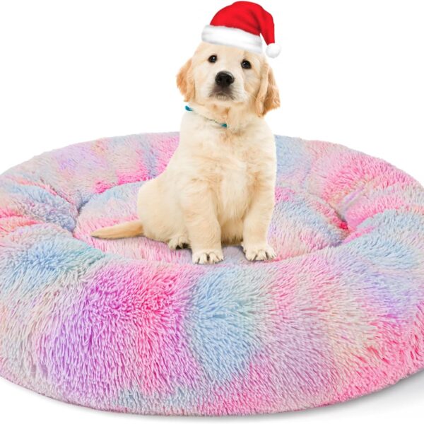 Patas Lague Calming Dog Bed for Medium Dogs, Fluffy Soft Cozy Cat Bed, Faux Fur Anti-Anxiety Plush Washable Pet Donut Cuddler for All Seasons 24IN, Mixed Rainbow