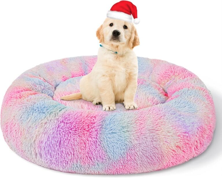 Patas Lague Calming Dog Bed for Medium Dogs, Fluffy Soft Cozy Cat Bed, Faux Fur Anti-Anxiety Plush Washable Pet Donut Cuddler for All Seasons 24IN, Mixed Rainbow