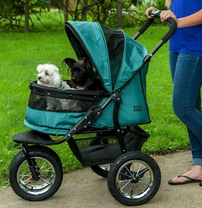 Pet Gear NO-Zip Double Pet Stroller, Zipperless Entry, for Single or Multiple Dogs/Cats, Plush Pad + Weather Cover Included, Large Gel-Filled Tires, Jade